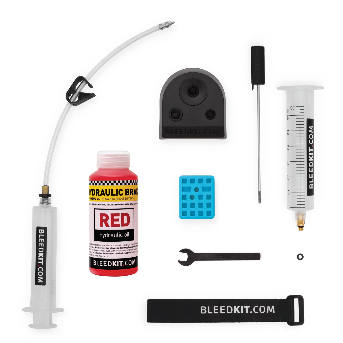 Bleedkit Shimano Premium Red Edition with fluid – complete bleed kit for Shimano flat bar hydraulic brakes including mineral oil, syringes, bleed block, wrench, and accessories