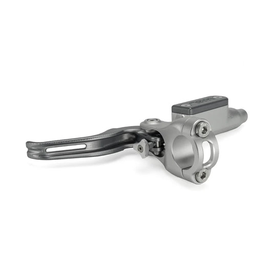 HEL Advocate 4-piston hydraulic brake lever in silver and grey showing CNC-machined master cylinder and lever blade