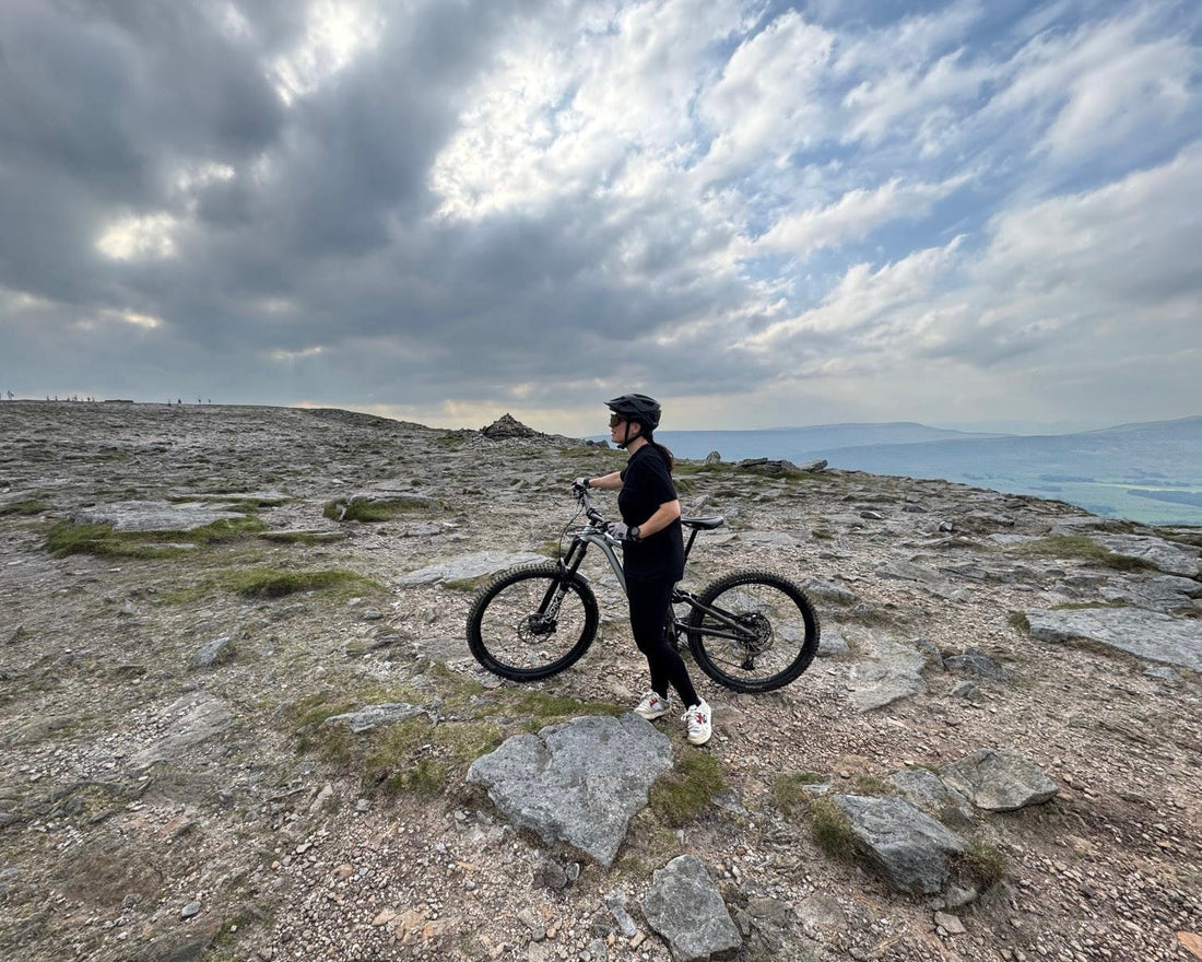 Mountain biker descending rocky trails on Ingleborough during a 16-mile Yorkshire Dales MTB ride while testing HINE-R brakes and Gorilla Brakes Enduro Pro pads