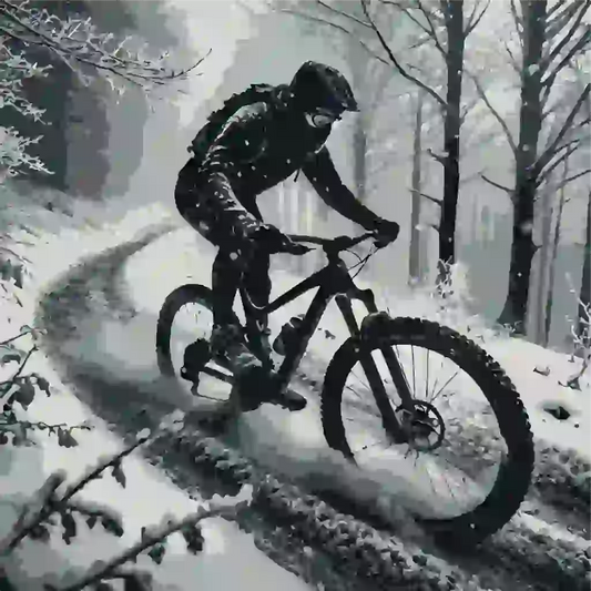 Mountain biker riding in winter condittions with gorilla brake enduro pro brake pads 