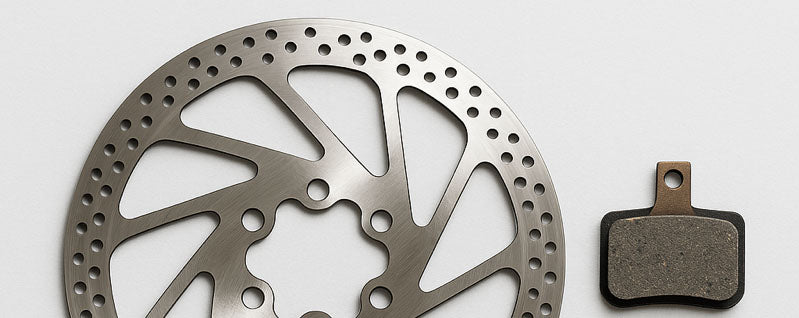 Flat lay of a bicycle brake disc rotor with two Gorilla Brakes pads on a white background