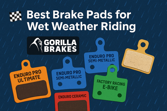 Gorilla Brakes best brake pads for wet weather riding – Enduro Pro, Factory Racing, and Ceramic compounds displayed with raindrop background.