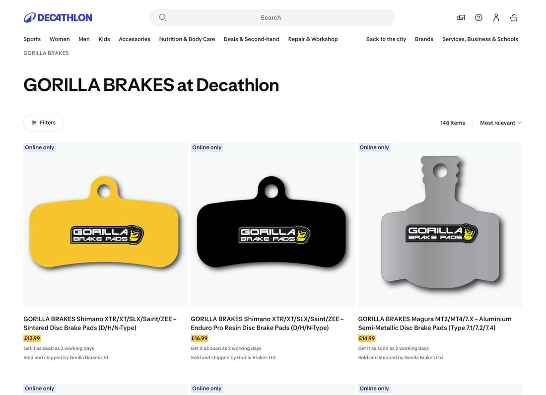 Gorilla Brakes brake pad listings on the Decathlon UK website