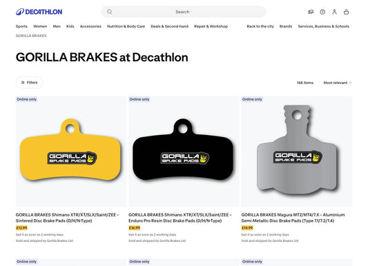 Gorilla Brakes brake pad listings on the Decathlon UK website