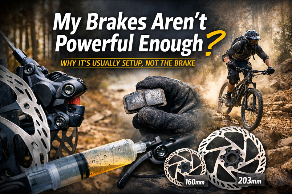 Mountain bike disc brakes showing pads, rotor sizes, and brake bleeding to explain why weak brakes are usually caused by setup, not lack of power.