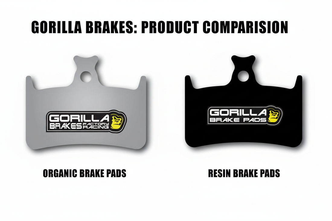Comparison of Gorilla Brakes organic and resin brake pads showing HOPE E4 RX4+ models side by side