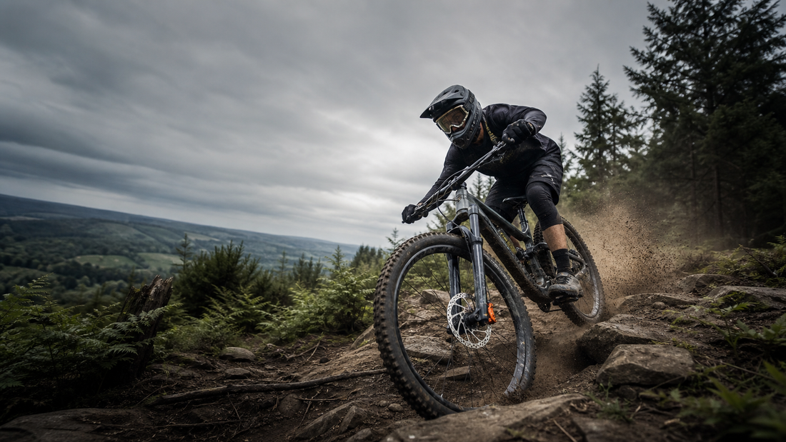 Mountain biker descending a forest trail with a large hydraulic disc brake rotor