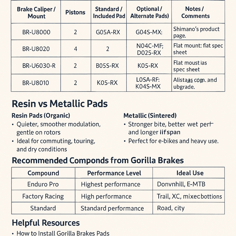 Shimano CUES brake pad compatibility guide showing BR-U8000, BR-U8020, BR-U6030-R, and BR-U8010 calipers with resin and metallic pad options from Gorilla Brakes.