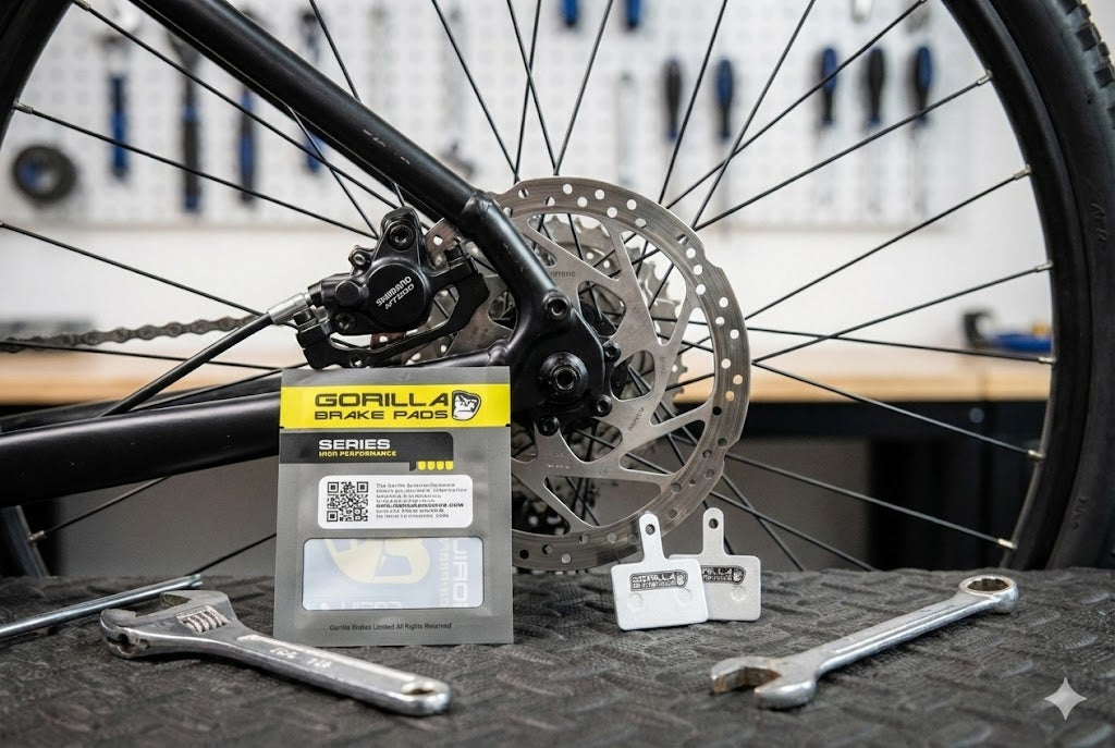 Shimano MT200 hydraulic disc brakes with Gorilla Brakes B-type brake pads on a commuter bicycle