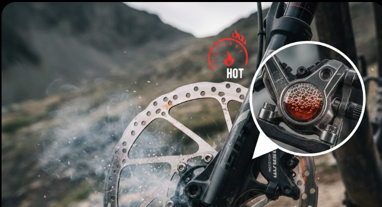 Close-up of a steaming hot SRAM mountain bike brake rotor and caliper with a magnified inset showing air bubbles (compressible air) inside the red hydraulic fluid, illustrating the concept of heat fade due to air in the system.