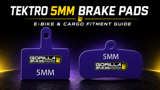 Tektro 5mm e-bike and cargo brake pads showing Q13RS 4-piston and P21.11/E11.11 2-piston designs.