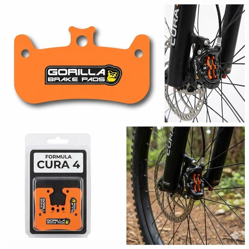 orilla Brakes Formula Cura 4 brake pads in bright orange, displayed with packaging and installed on an e-bike caliper.