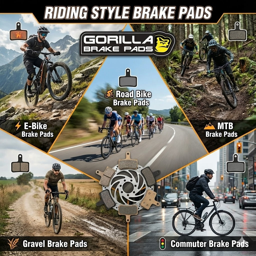 Gorilla Brakes featuring four riding styles: E-Bike, MTB, Road, and Commuter/Gravel. The image displays cyclists in each environment—mountain trails, road, gravel paths, and city streets—surrounding a central brake rotor with various brake pad compounds. 