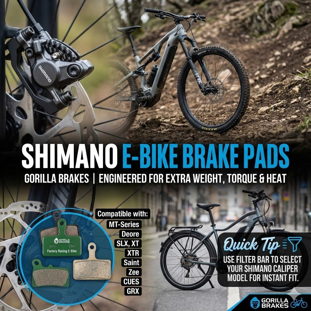 Shimano E-Bike Brake Pads by Gorilla Brakes designed for heavy-duty use on E-MTB and commuter bikes. Compatible with major Shimano hydraulic systems like XT, XTR, and Deore.