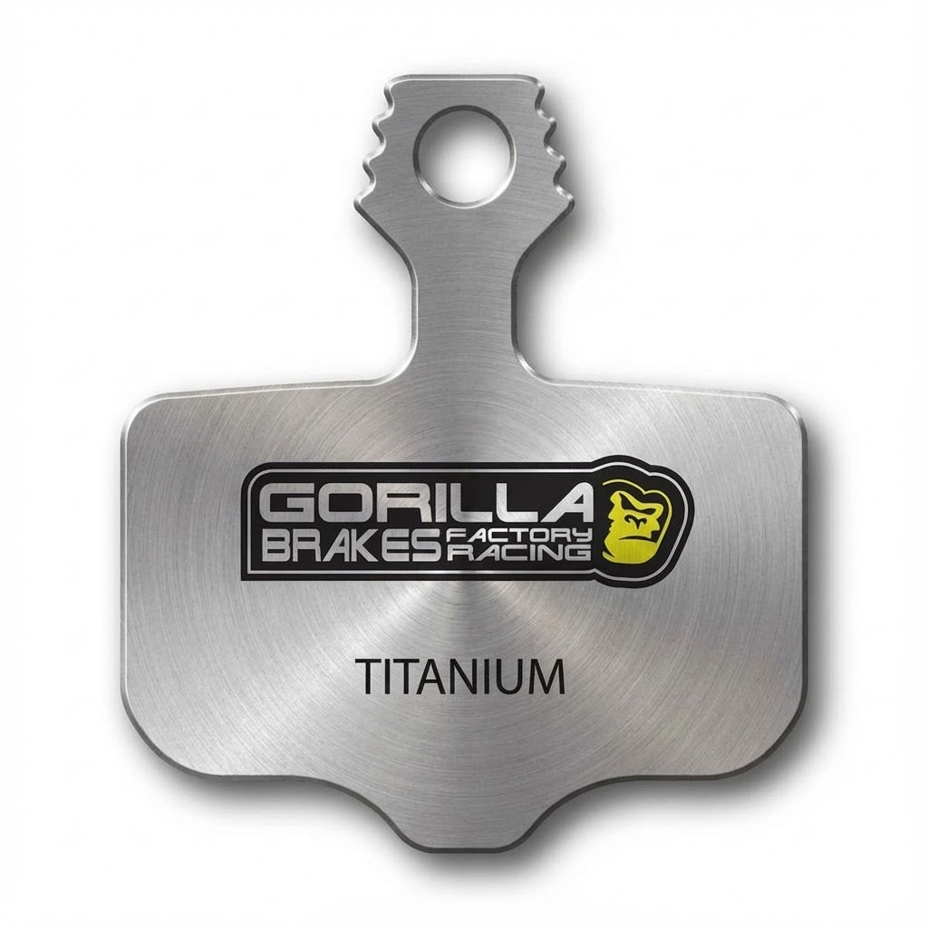 Gorilla Brakes Titanium disc brake pads featuring heat-dissipating titanium backing plate.