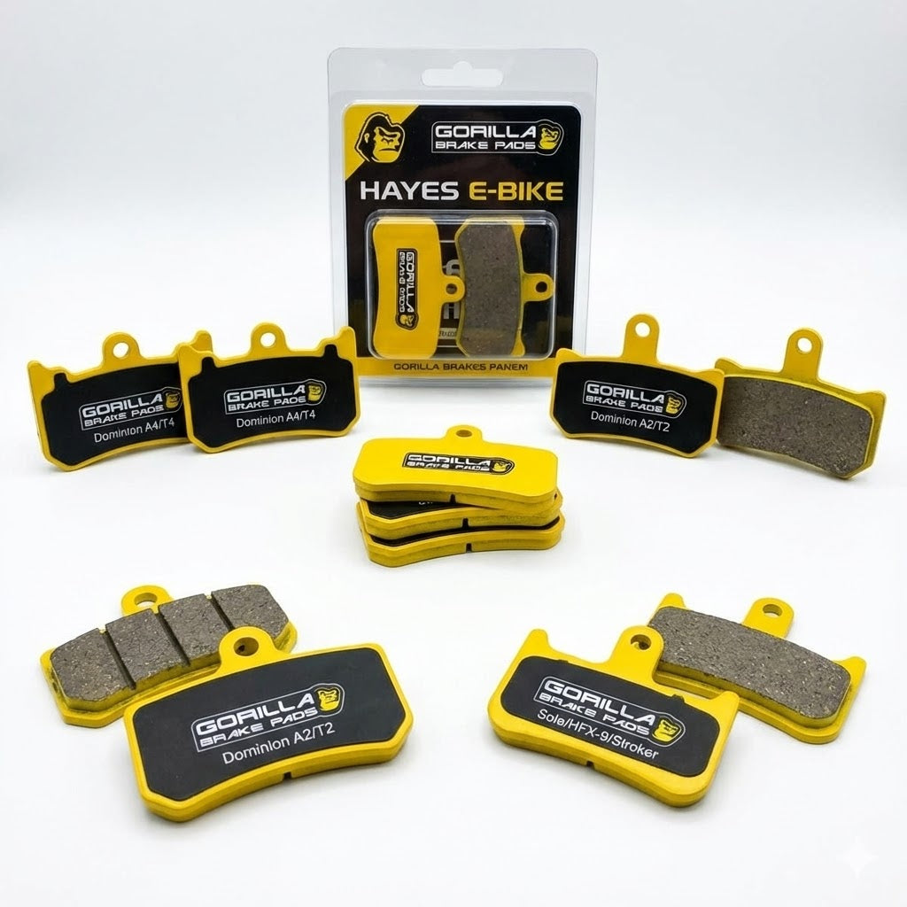 Yellow Gorilla Sintered Disc Brake Pad for Hayes Dominion A4 and T4 E-Bikes, featuring a heavy-duty backing plate and the Gorilla Brakes logo for high-torque electric mountain bike braking.