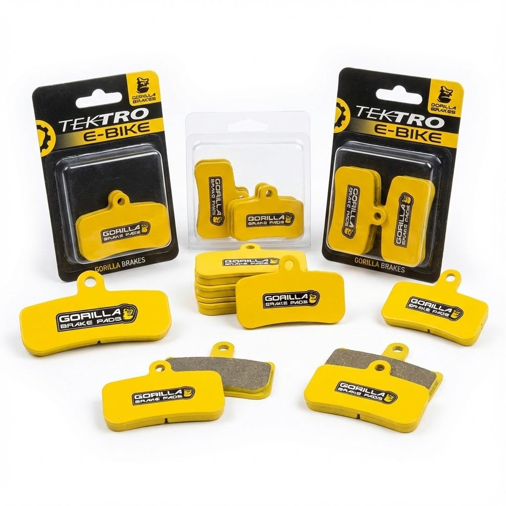 ellow Gorilla Sintered Disc Brake Pad designed for Tektro E-Bikes, featuring the Gorilla Brakes logo and a high-heat backing plate for electric mountain and cargo bikes.