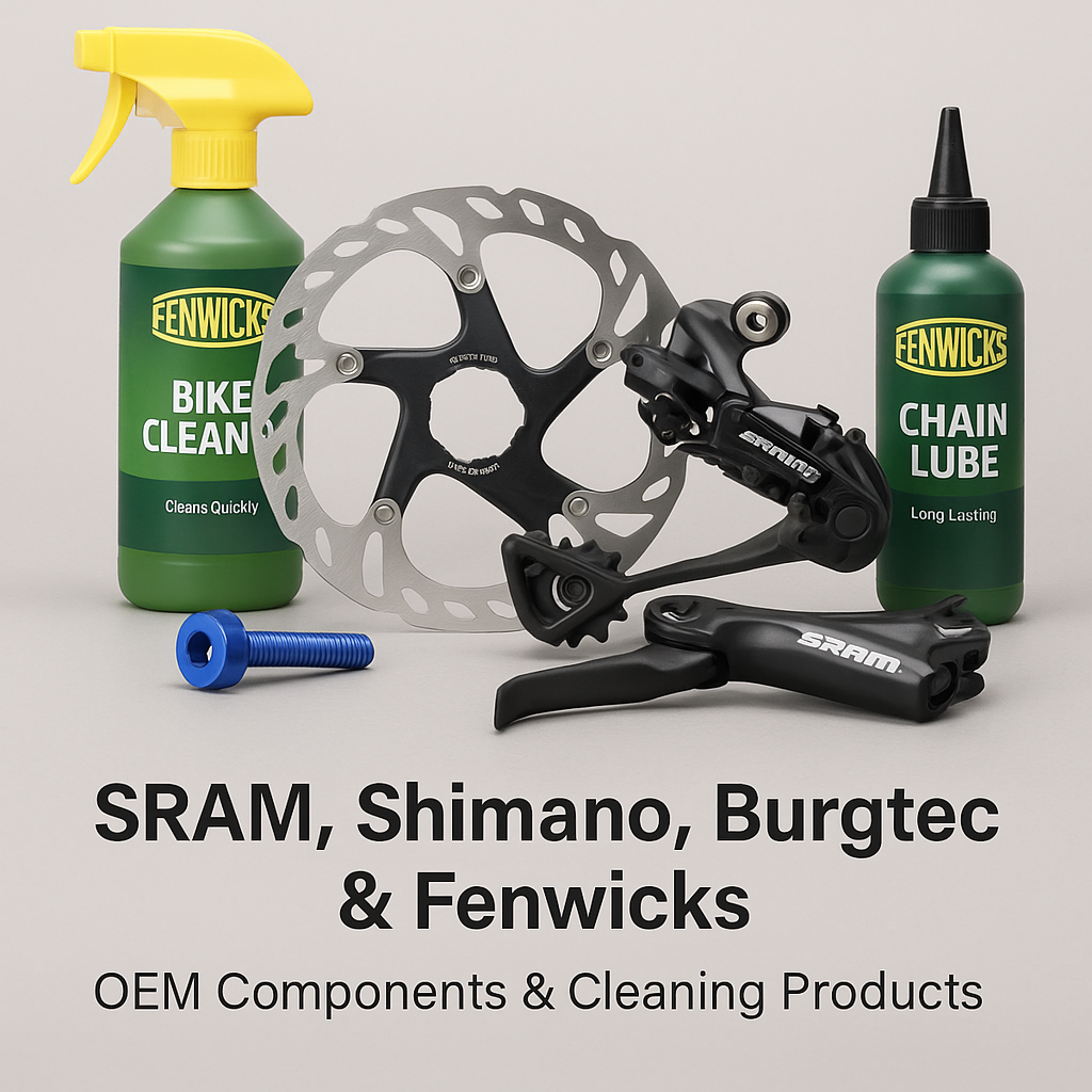 Genuine OEM bike components and cleaning products from SRAM, Shimano, Burgtec, and Fenwicks, including a disc brake rotor, derailleur, brake lever, titanium bolt, bike cleaner, and chain cleaners.