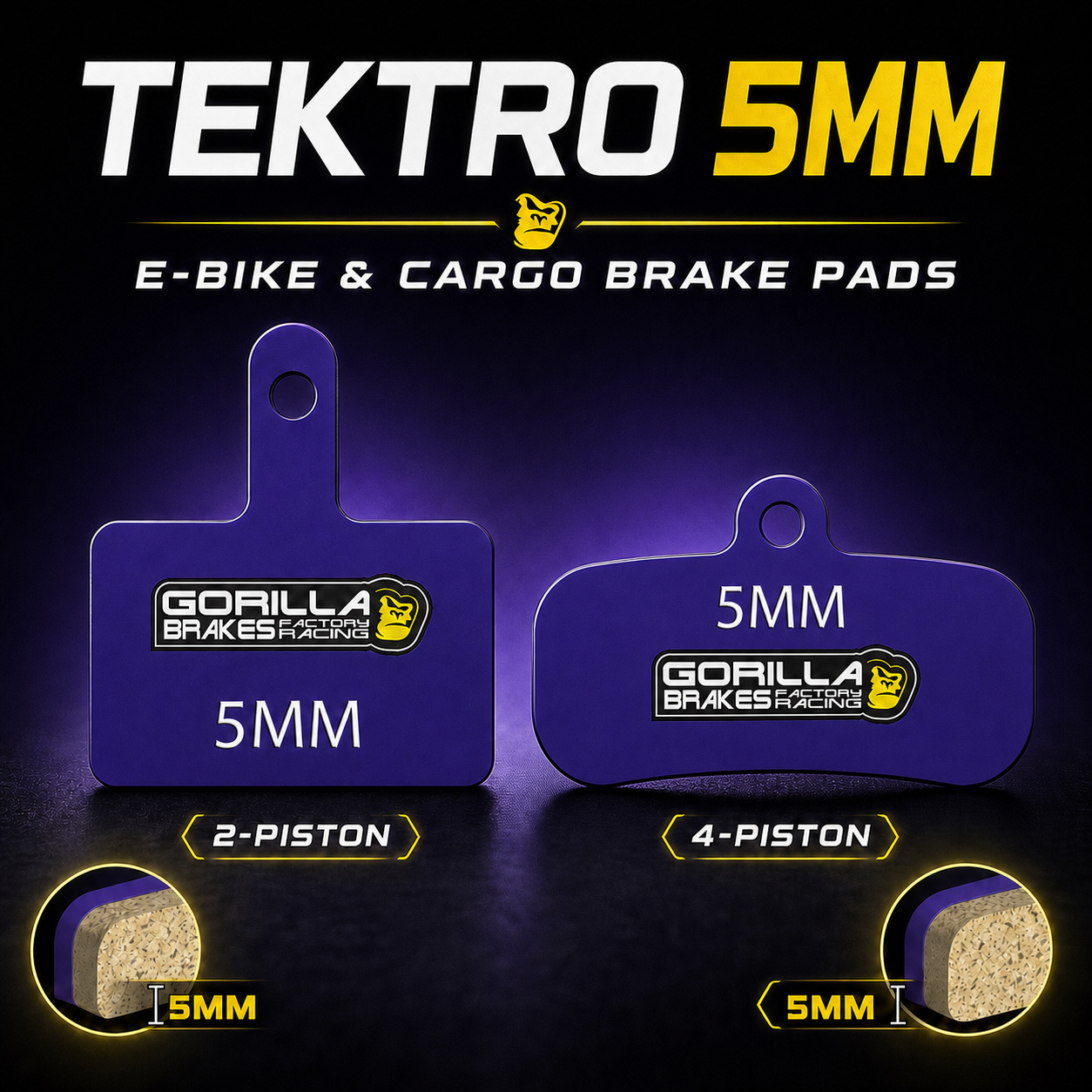Tektro 5mm e-bike and cargo brake pads in 2-piston P21.11/E11.11 and 4-piston Q13RS designs by Gorilla Brakes.