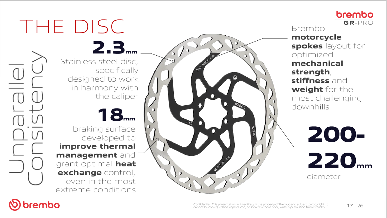 Brembo GR-PRO 2.3mm stainless steel mountain bike brake rotor with motorcycle-inspired spoke design for maximum stiffness, heat management and braking performance.