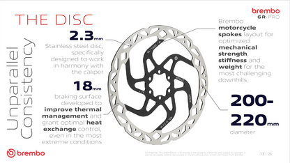 Brembo GR-PRO 2.3mm stainless steel mountain bike brake rotor with motorcycle-inspired spoke design for maximum stiffness, heat management and braking performance.