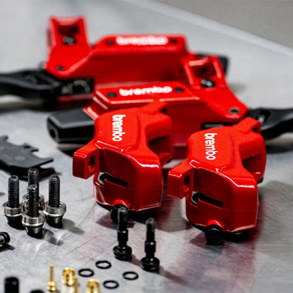 Brembo GR-PRO red brake calipers, lever assemblies and mounting hardware