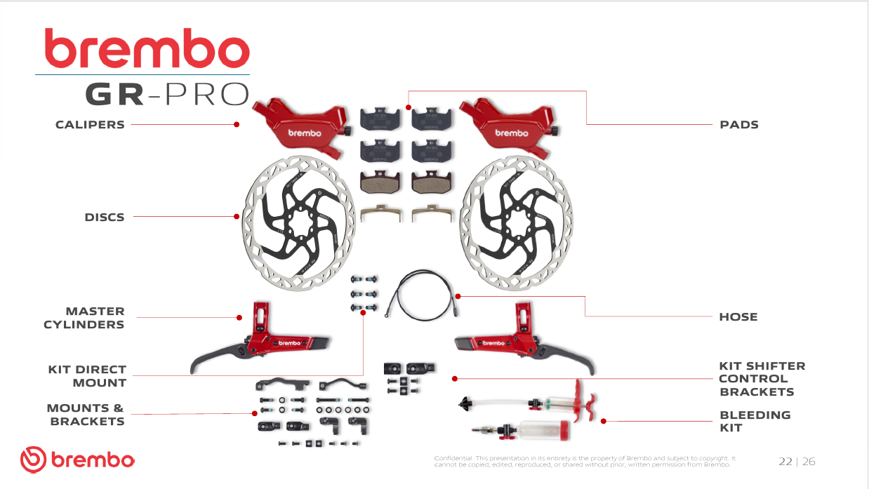 Brembo GR-PRO complete mountain bike brake system kit including calipers, master cylinders, rotors, brake pads, braided hoses, mounting hardware and bleed kit.