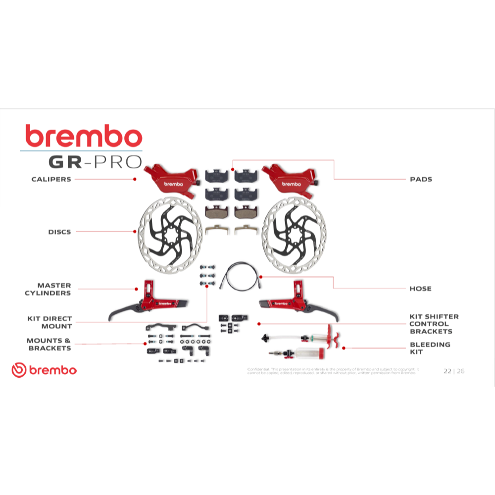 Brembo GR-PRO component range overview showing brakes, rotors, pads, hoses, mounts and service tools