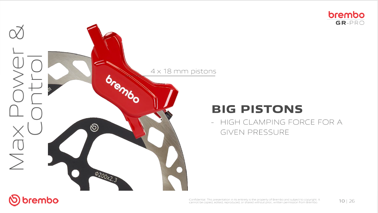 Brembo GR-PRO four-piston mountain bike brake caliper featuring four 18mm pistons for increased clamping force and braking power.