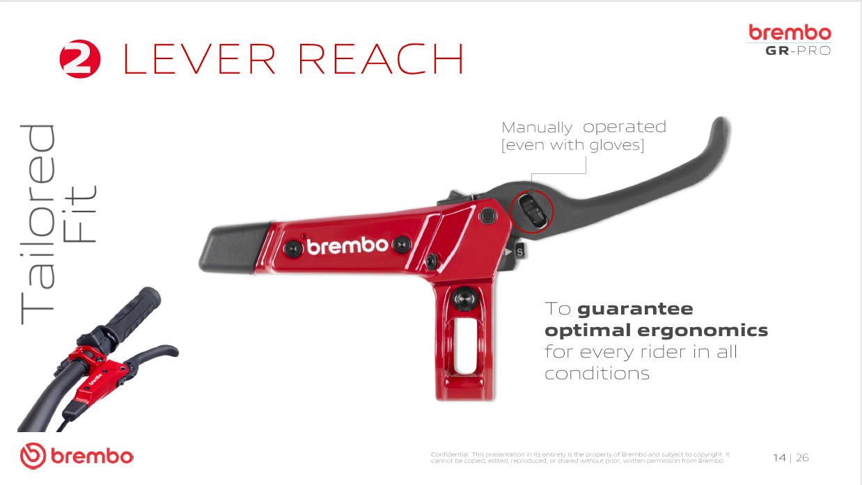 Brembo GR-PRO brake lever featuring tool-free lever reach adjustment for improved ergonomics, comfort and control in all riding conditions.