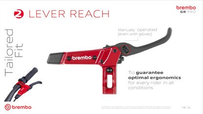 Brembo GR-PRO brake lever featuring tool-free lever reach adjustment for improved ergonomics, comfort and control in all riding conditions.