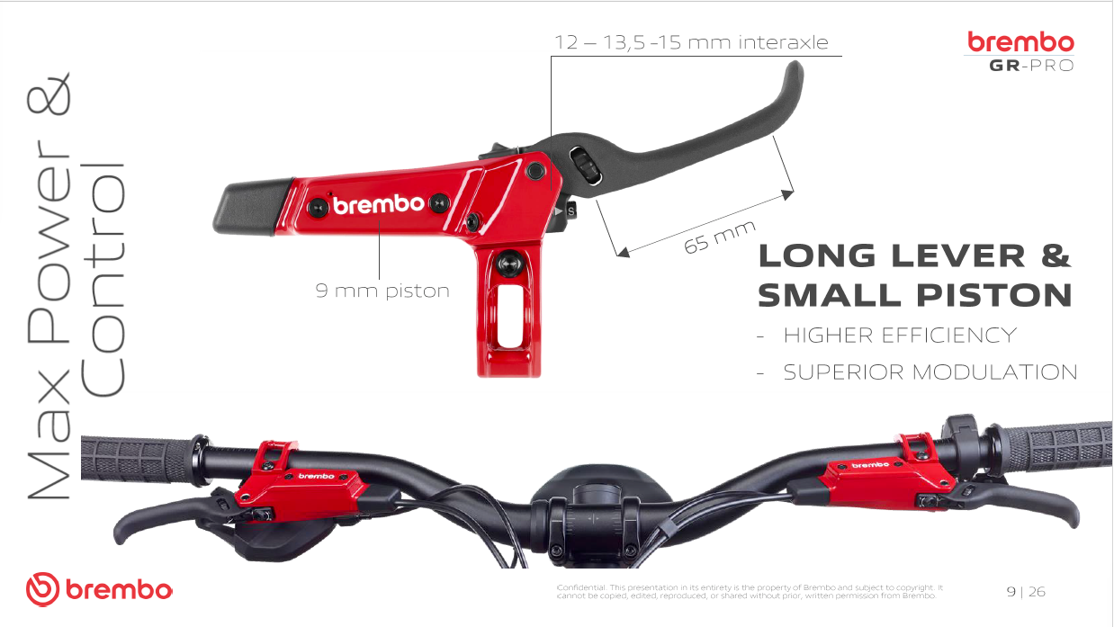 Brembo GR-PRO brake lever featuring a long lever blade, 9mm master cylinder piston and adjustable lever ratio for increased modulation and braking control.