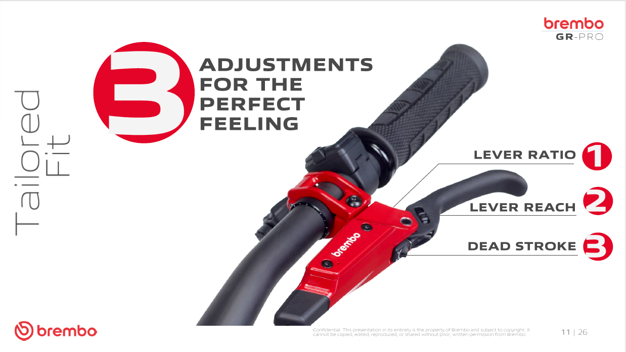 Brembo GR-PRO mountain bike brake lever featuring three independent adjustments for lever ratio, lever reach and dead stroke tuning.