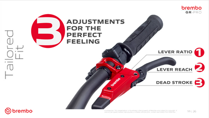 Brembo GR-PRO mountain bike brake lever featuring three independent adjustments for lever ratio, lever reach and dead stroke tuning.