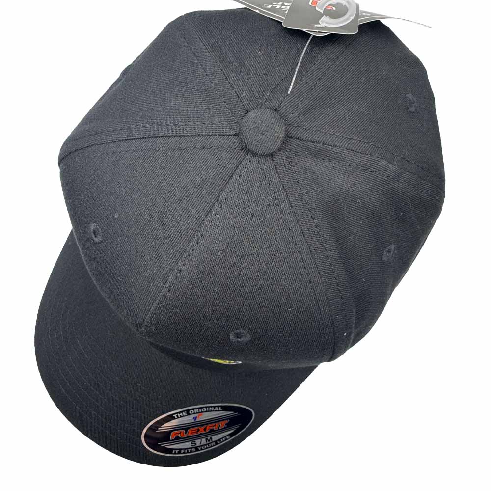 Top view of Gorilla Brakes Factory Racing black 5-panel Flexfit cap showing structured crown and curved visor