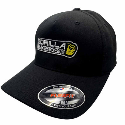 Front view of black Gorilla Brakes Factory Racing Flexfit hat with white and yellow embroidered logo