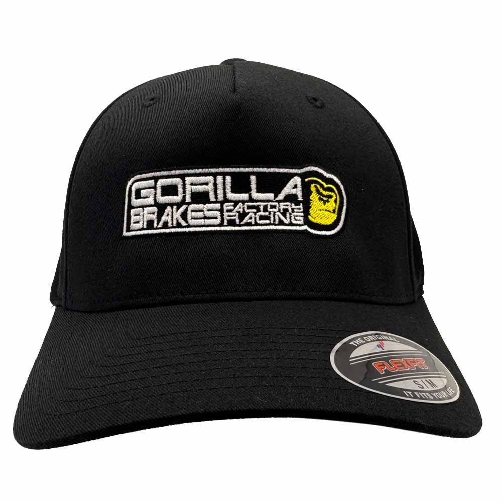 Side angle of Gorilla Brakes Factory Racing black embroidered Flexfit cap with curved visor