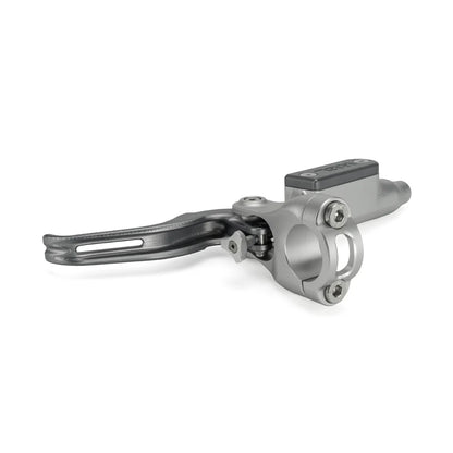 HEL Advocate 4-piston hydraulic brake lever in silver and grey showing CNC-machined master cylinder and lever blade