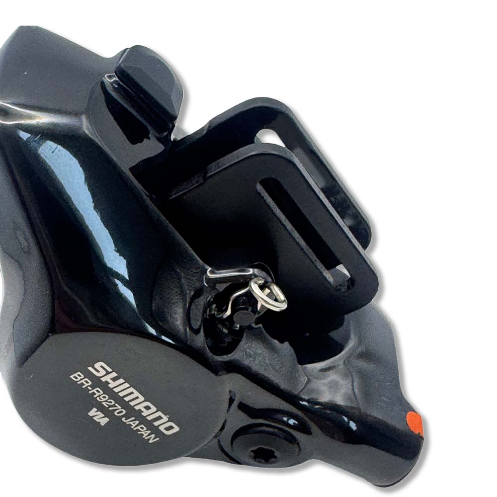 Shimano Dura-Ace BR-R9270 hydraulic disc brake caliper fitted with Gorilla Brakes Enduro Pro Ultimate finned aluminium brake pads