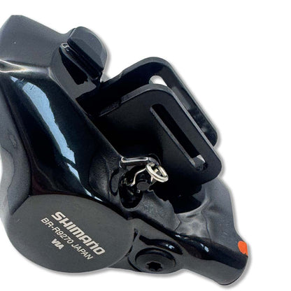 Shimano Dura-Ace BR-R9270 hydraulic disc brake caliper fitted with Gorilla Brakes Enduro Pro Ultimate finned aluminium brake pads