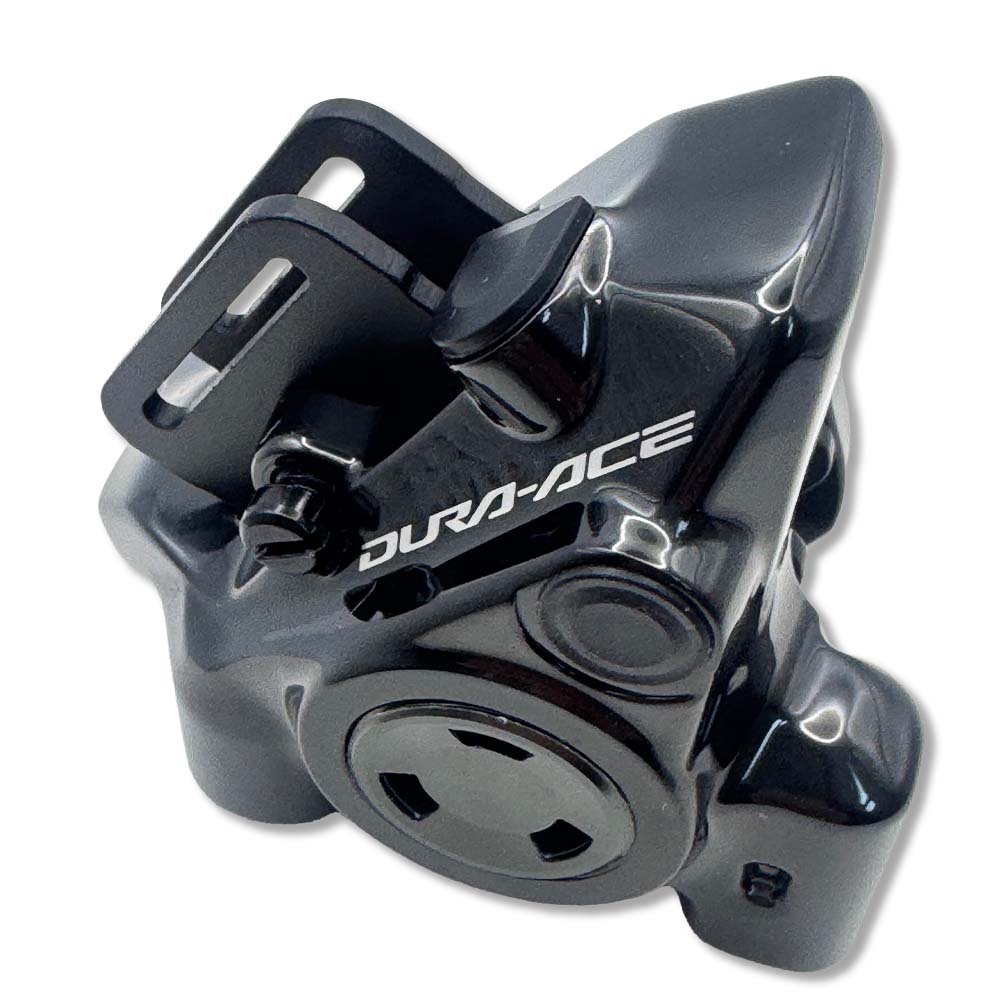 Side view of Shimano Dura-Ace BR-R9270 hydraulic disc brake caliper fitted with Gorilla Brakes Enduro Pro Ultimate finned aluminium brake pads