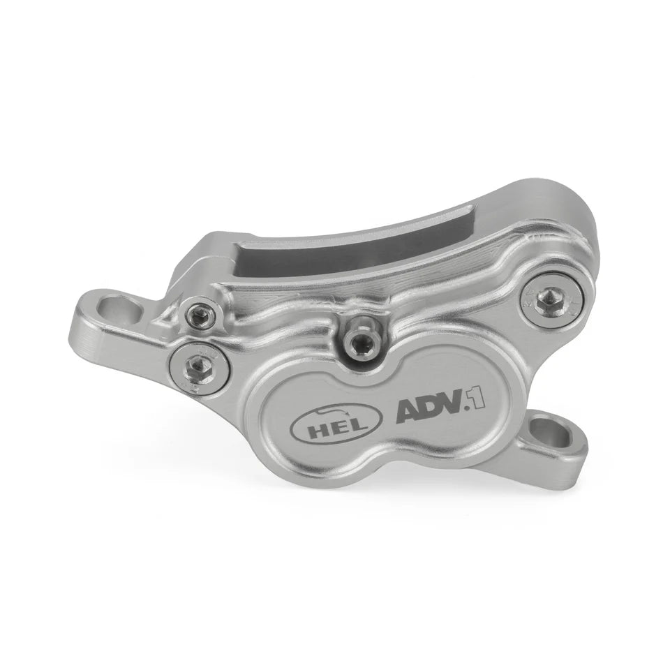 HEL Advocate 4-piston brake caliper in silver and grey showing stainless steel piston layout and free-flow design